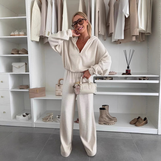 Damen Loungewear-Anzug aus weichem Fleece mit Kapuze und weitem Schnitt R&B