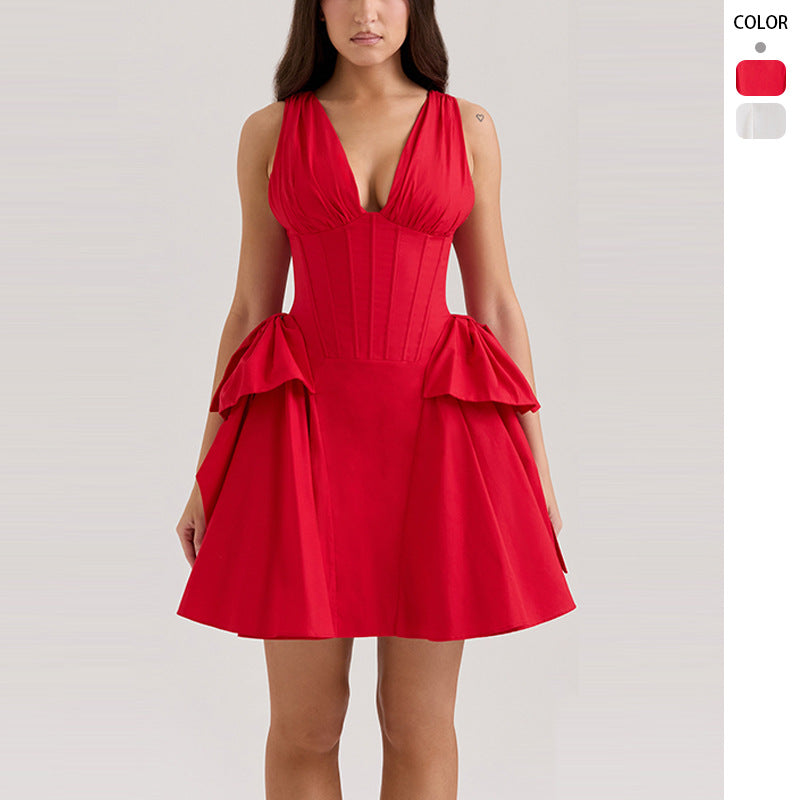 Damen Abendkleid mit tiefem V-Ausschnitt und voluminösem Rüschendesign R&B