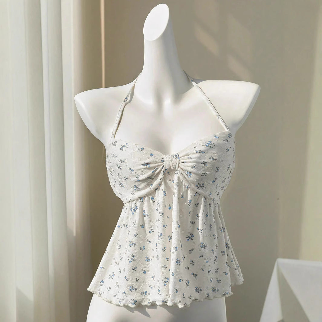 Damen romantisches Strandtop mit floralem Design und verspieltem Knoten R&B