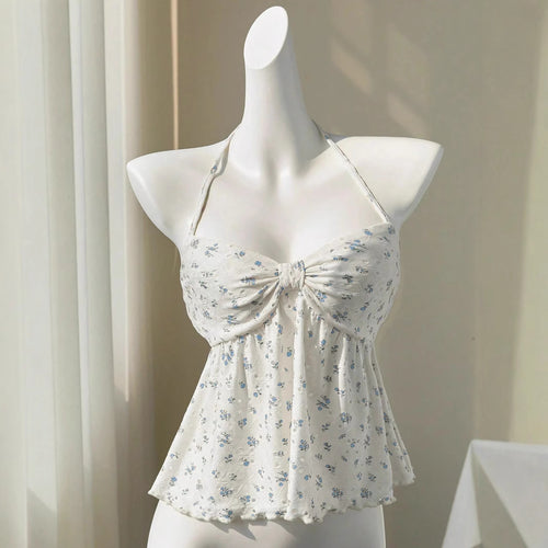 Damen romantisches Strandtop mit floralem Design und verspieltem Knoten R&B