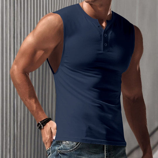 Herren nan ärmelloses Muskelshirt mit Henley-Knopfleiste, tiefem Armausschnitt und elastischem Baumwollmix R&B