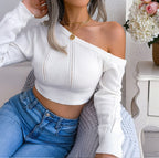 Damen Cropped Pullover mit asymmetrischem Ausschnitt R&B