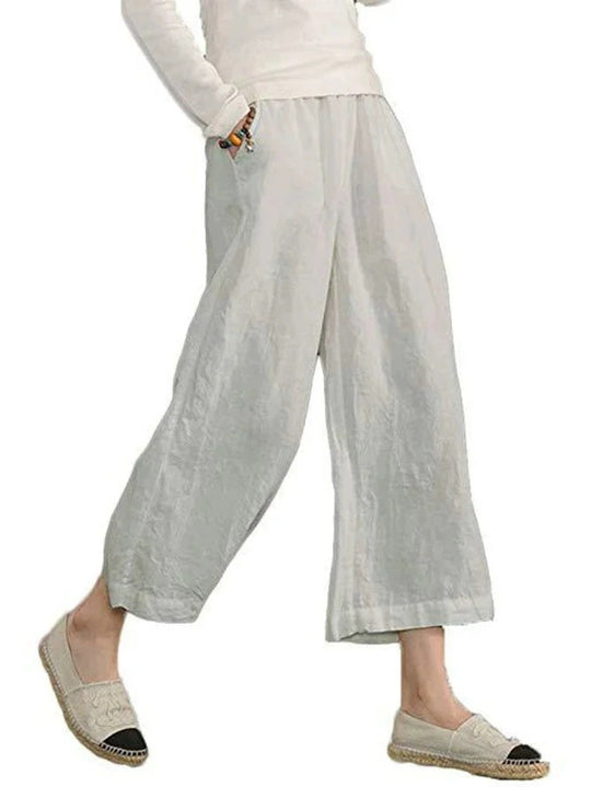 Damen weite Leinenhose mit seitlichen Taschen und elastischem Bund R&B
