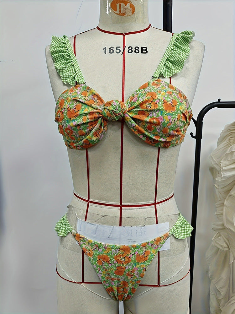 Damen Bikini mit bunten Rüschen und floralem Design R&B
