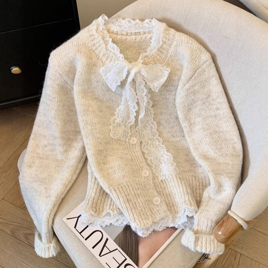 Damen Strickcardigan mit Lagenlook und Spitzenkragen R&B