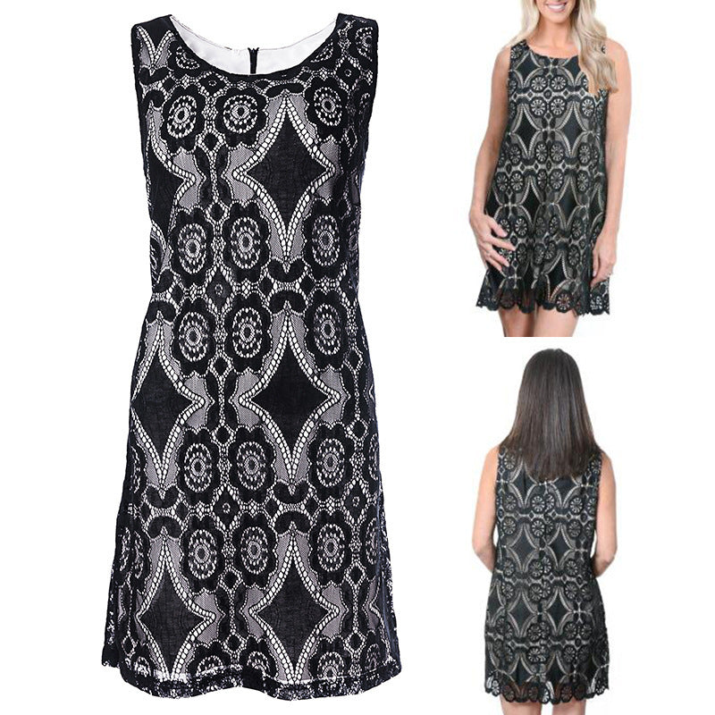 Damen Spitzenkleid mit floralen Mustern und Schlüsselloch-Ausschnitt R&B