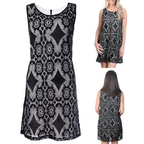 Damen Spitzenkleid mit floralen Mustern und Schlüsselloch-Ausschnitt R&B