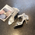 Damen transparente High Heel Sandalen mit Spitzen- und Rüschendetails R&B