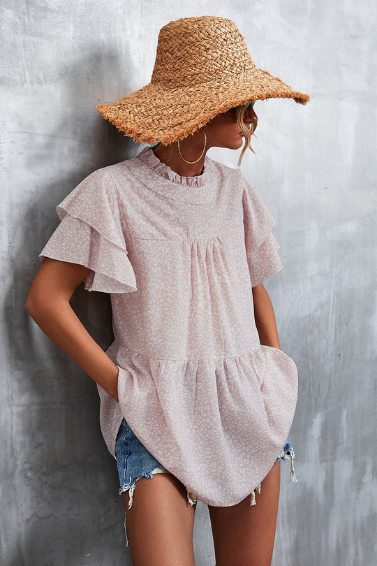 Damen luftiges Freizeitkleid mit voluminösen Rüschen und hohem Stehkragen R&B