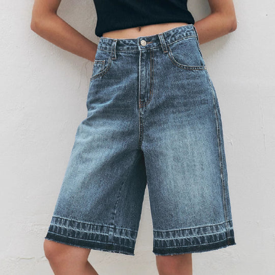 Damen Hoch taillierte Denim-Shorts mit weitem Bein und modischer Struktur R&B