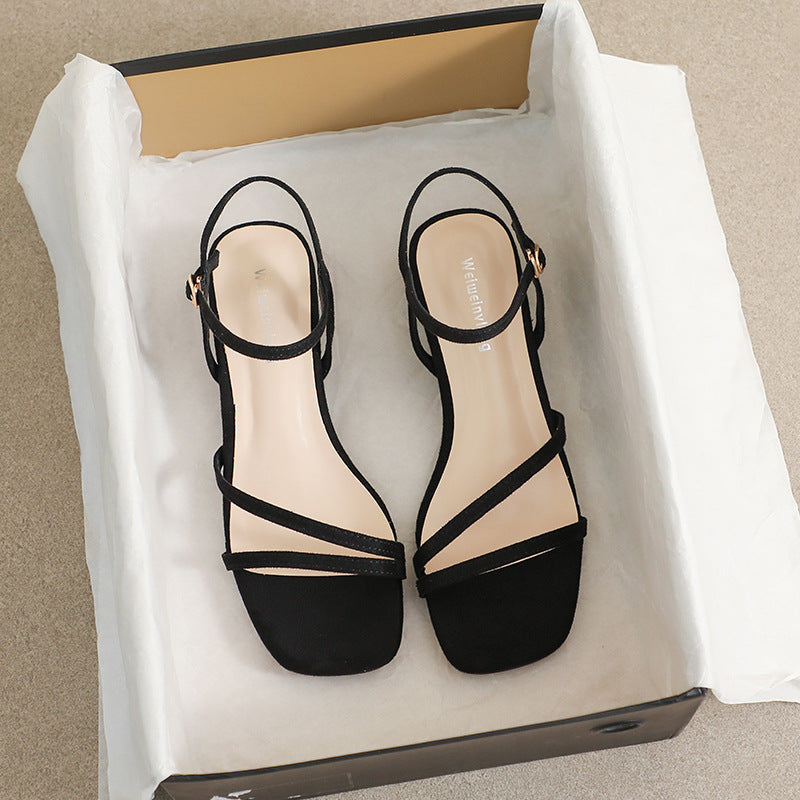 Damen Elegante Fußbett-Sandalen mit dünnen Riemen und modischem Blockabsatz