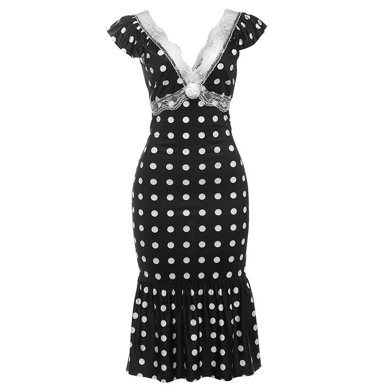 Damen Figurbetontes Polka-Dot Kleid mit Spitzenapplikation R&B