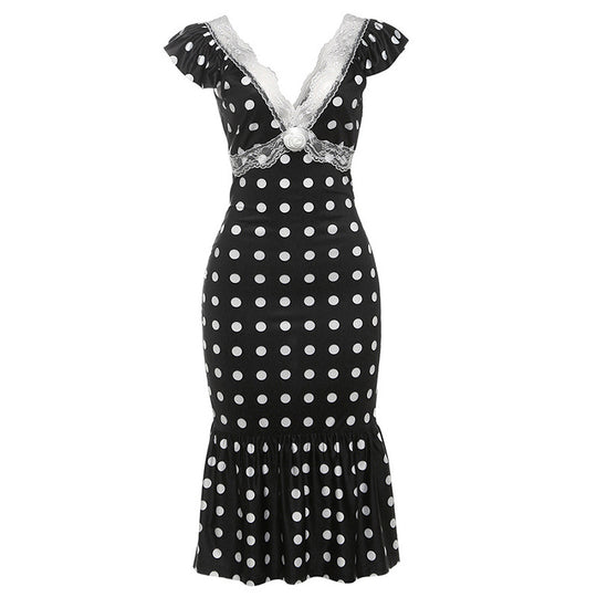Damen Figurbetontes Polka-Dot Kleid mit Spitzenapplikation R&B