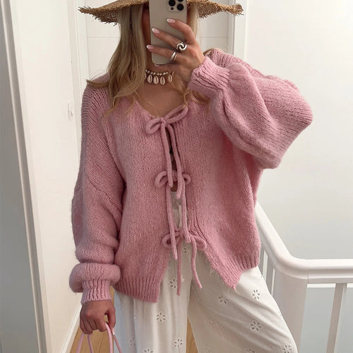 Damen lässiger Strickmantel mit Schleifenverschluss und voluminösen Ärmeln R&B