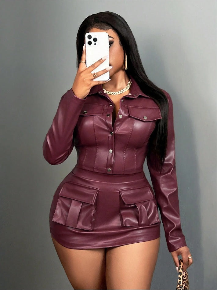 Damen Kunstleder Minikleid mit praktischen Klappentaschen R&B