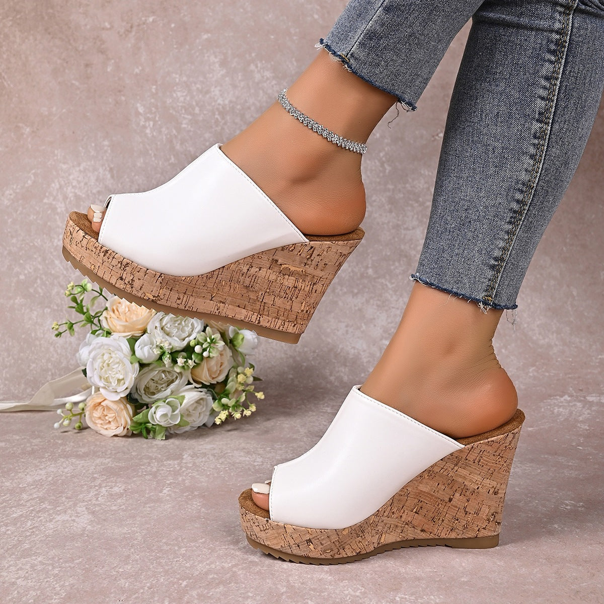 Damen Wedge-Pantoletten mit elegantem Korkfußbett und offener Zehenpartie