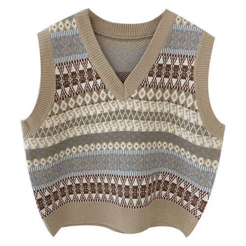 Damen Ärmellose Strickweste mit V-Ausschnitt und Muster R&B
