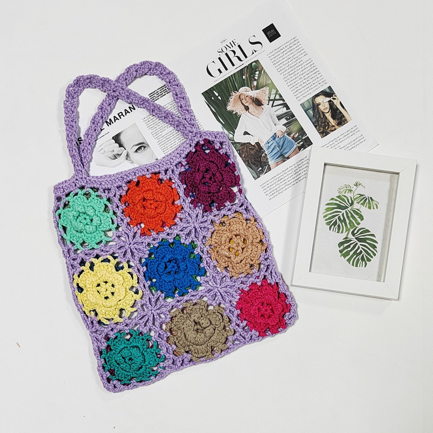Damen gehäkelte Handtasche mit buntem Blumenmuster R&B
