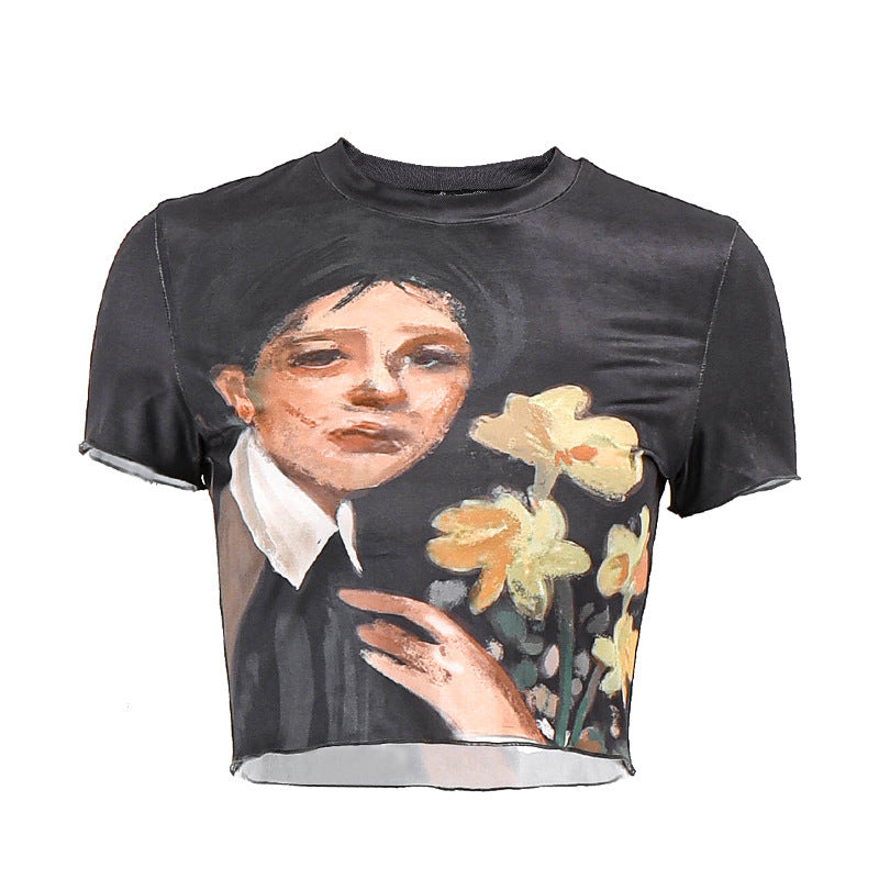 Damen cropped T-Shirt mit künstlerischem Druck und figurbetonter Passform R&B