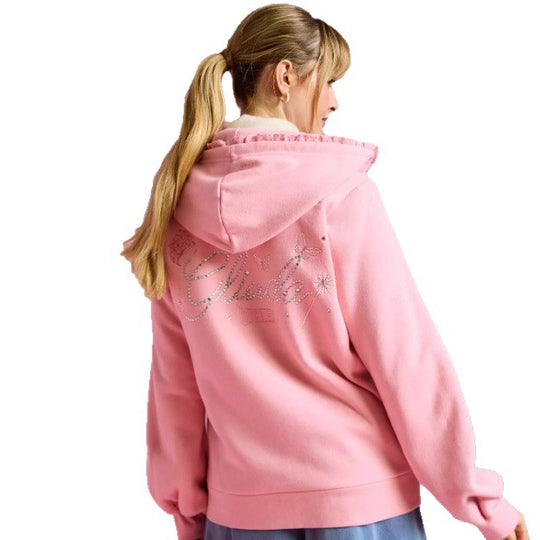 Damen nan Rüschen-Kapuzen-Sweatjacke mit Ballonärmeln und Strasslogo R&B
