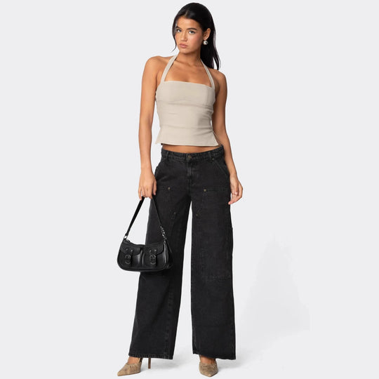 Damen Weit geschnittene Utility-Jeans mit praktischen Taschen und hohem Bund R&B