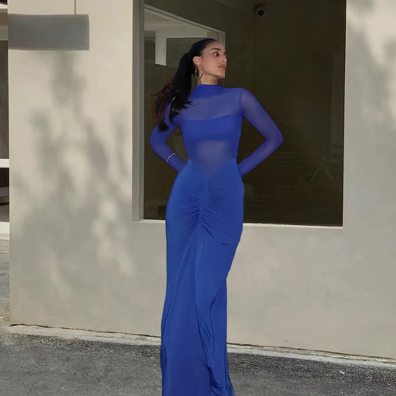 Damen Elegantes Maxikleid mit transparenten Ärmeln und raffinierter Drapierung R&B