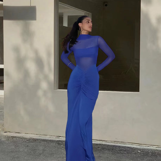 Damen Elegantes Maxikleid mit transparenten Ärmeln und raffinierter Drapierung R&B