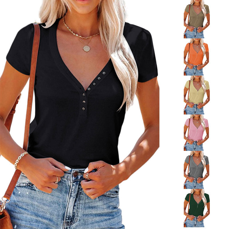 Damen Kurzärmliges V-Ausschnitt T-Shirt mit dekorativen Knöpfen