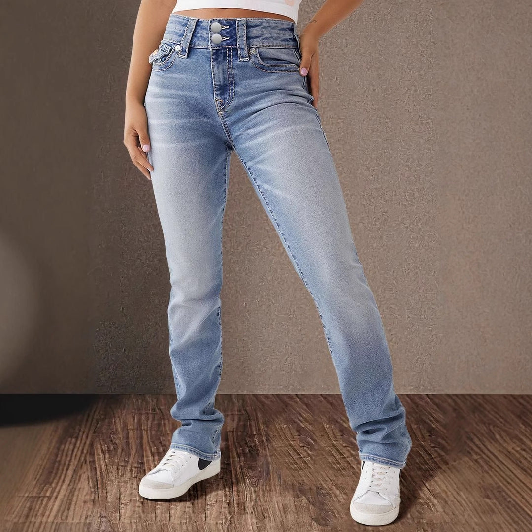 Damen High-Waist Slim Fit Jeans mit elegantem Knopfdetail R&B