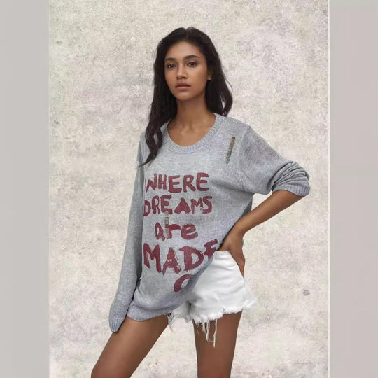 Damen Oversized Pullover mit kreativen Schriftzügen und raffinierten Details R&B