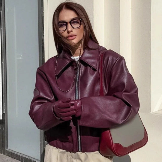 Damen modische Kunstlederjacke mit schlichter Eleganz und praktischen Taschen R&B