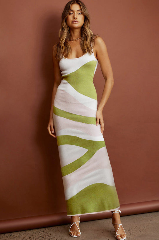 Damen Maxikleid mit kreativem Wellenmuster und weichem Strickmaterial R&B