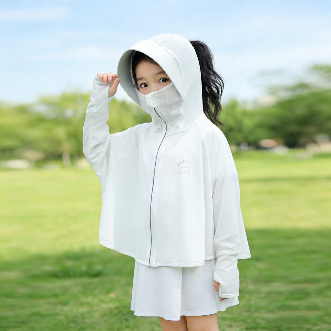 Unisex Nan Kids hoch UPF bewertete Kapuzen-Sonnen-Schutzjacke mit Reißverschluss-Gesichtsschutz und Pferdeschwanzöffnung R&B
