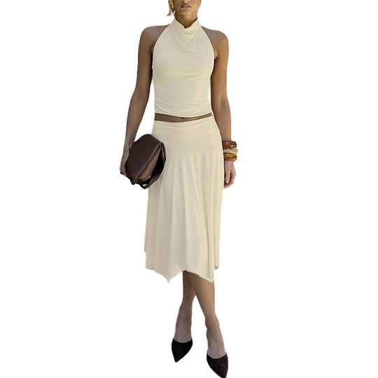 Damen elegantes und figurschmeichelndes Oberteil mit asymmetrischem Schnitt und fließendem Rock R&B