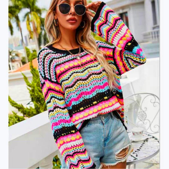 Damen Strickpullover mit buntem Zickzackmuster R&B