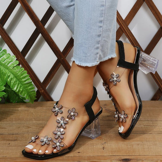 Damen Elegante Sandalen mit Blumenapplikationen und transparentem Absatz R&B