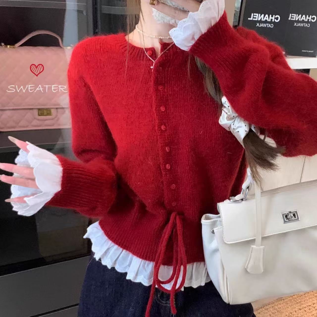 Damen kuscheliger Strickjacke mit fransigen Details und Bändchen