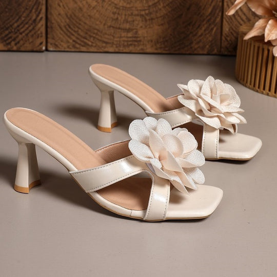 Damen modische High Heel Riemchen-Sandalen mit eleganter Blumendekoration R&B