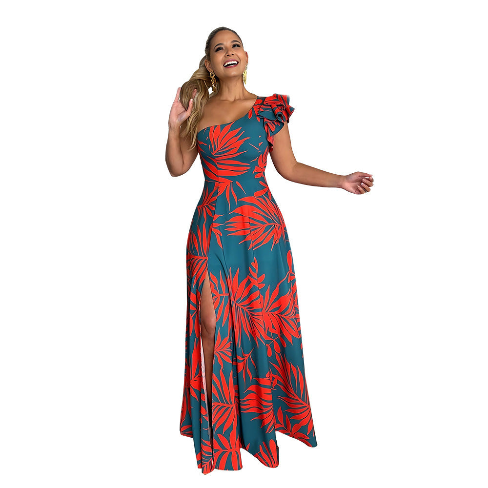 Damen Maxikleid mit asymmetrischen Rüschen und hohem Schlitz R&B