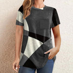 Damen T-Shirt mit modernem geometrischen Design und praktischer Brusttasche R&B