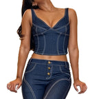Damen Denim Crop-Top mit modischem Schnitt und verstellbaren Trägern R&B