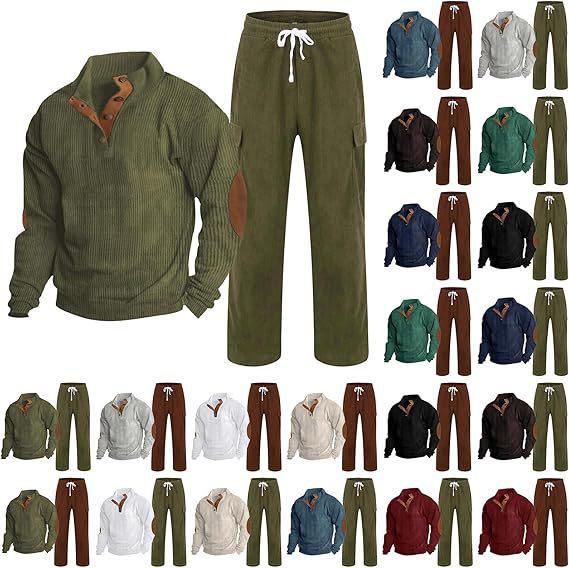 Herren nan Strick-Freizeitset mit Knopfleiste und Ellenbogenaufnähern sowie Cord-Cargohose R&B