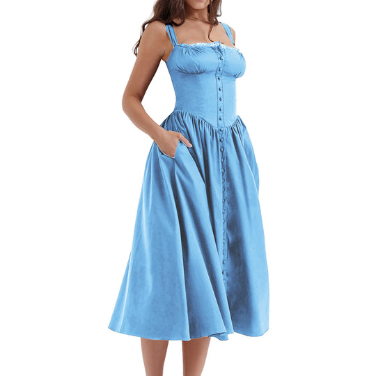Damen Maxi-Kleid mit knöpfbarem Oberteil und schwingendem Rock R&B