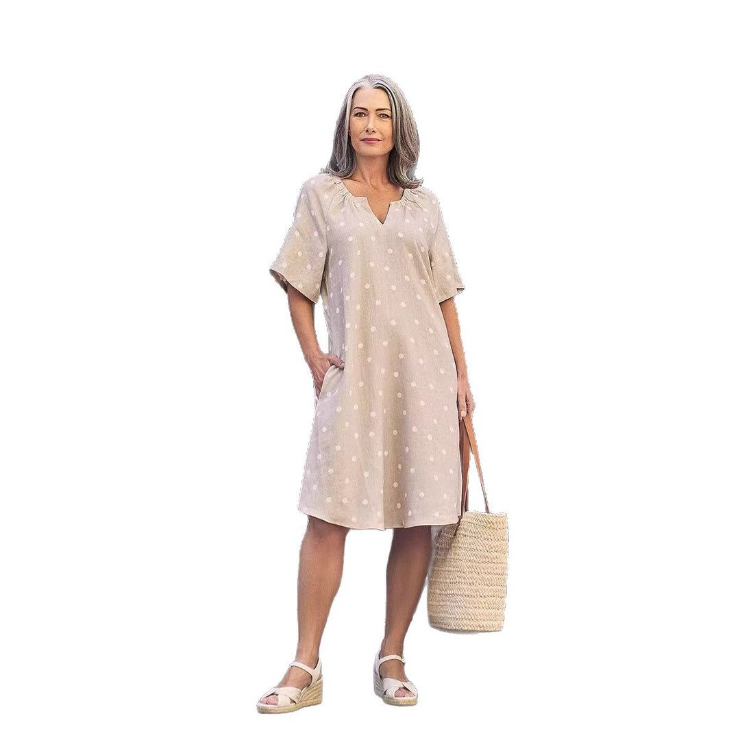 Damen nan lockeres A-Linien Leinenoptik-Kleid mit V-Ausschnitt, geraffter Schulterpartie und Eingrifftaschen R&B