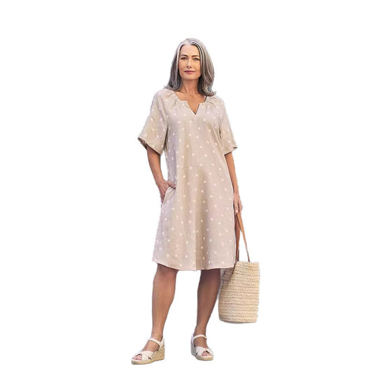 Damen nan lockeres A-Linien Leinenoptik-Kleid mit V-Ausschnitt, geraffter Schulterpartie und Eingrifftaschen R&B