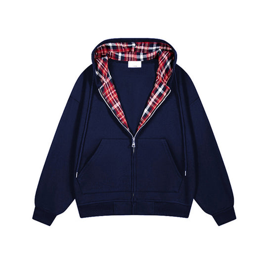 Damen lässige Kapuzenjacke mit Karo-Innenfutter und durchgehendem Reißverschluss R&B