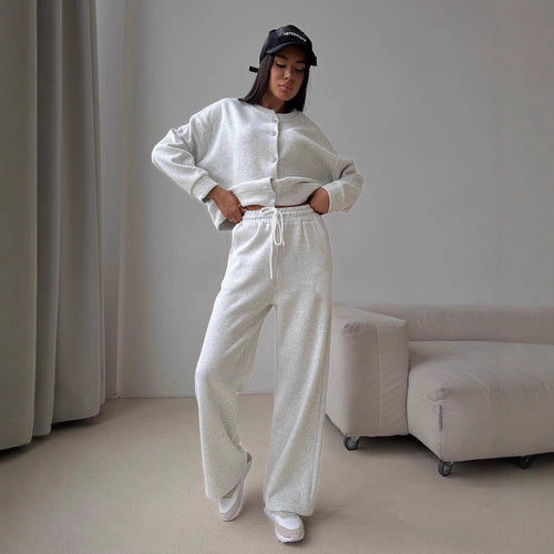 Damen lässiger Sweat-Pullover mit Knopfleiste und bequemen Jogginghose R&B