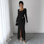 Damen nan figurbetontes Maxikleid aus geripptem Strick mit Wickeldetail und Schlitz R&B