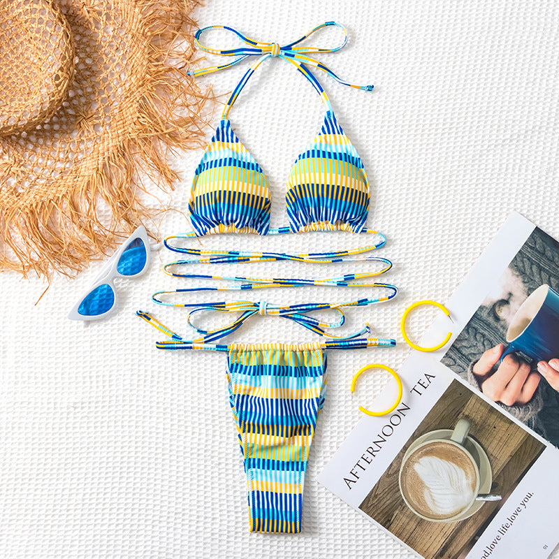 Damen Bandeau-Bikini mit modischen Streifen und anpassbaren Trägersystem R&B
