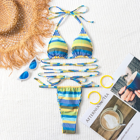 Damen Bandeau-Bikini mit modischen Streifen und anpassbaren Trägersystem R&B